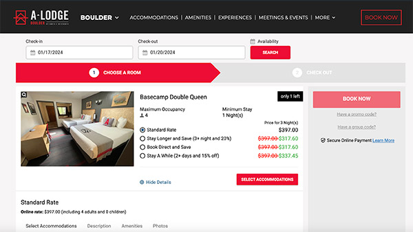 Image of A-Lodge online hotel reservations page with Cloudbeds