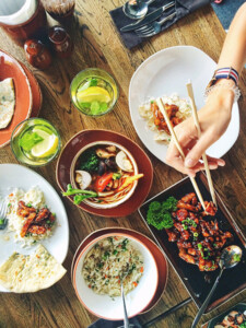 Photo of food at a table in a restaurant in Boulder, Colorado.