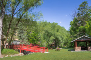 The creekside event pavilion at the A-Lodge