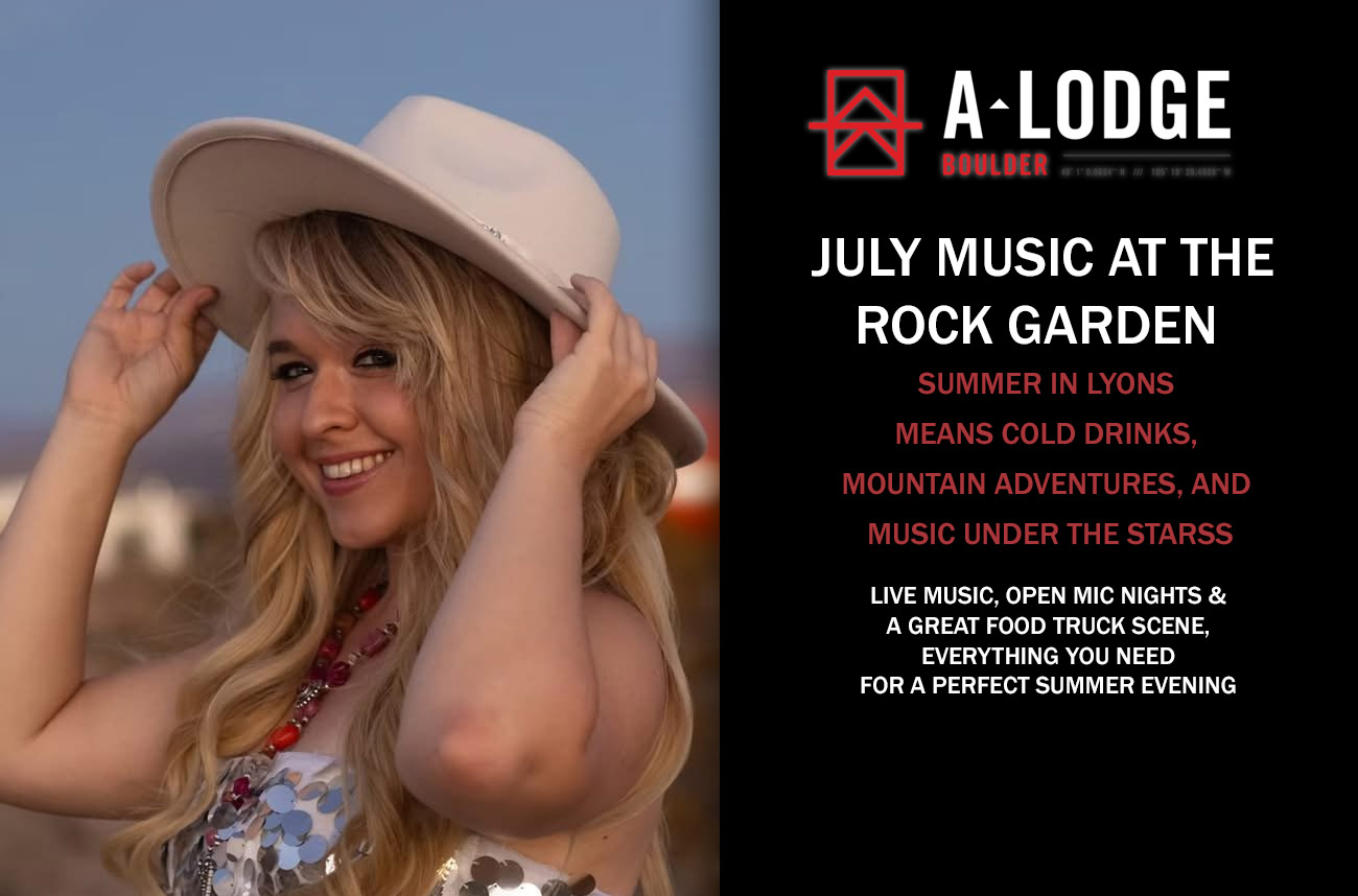 Cover photo of musician and details for blog post on July music at the A-Lodge hotel in Lyons