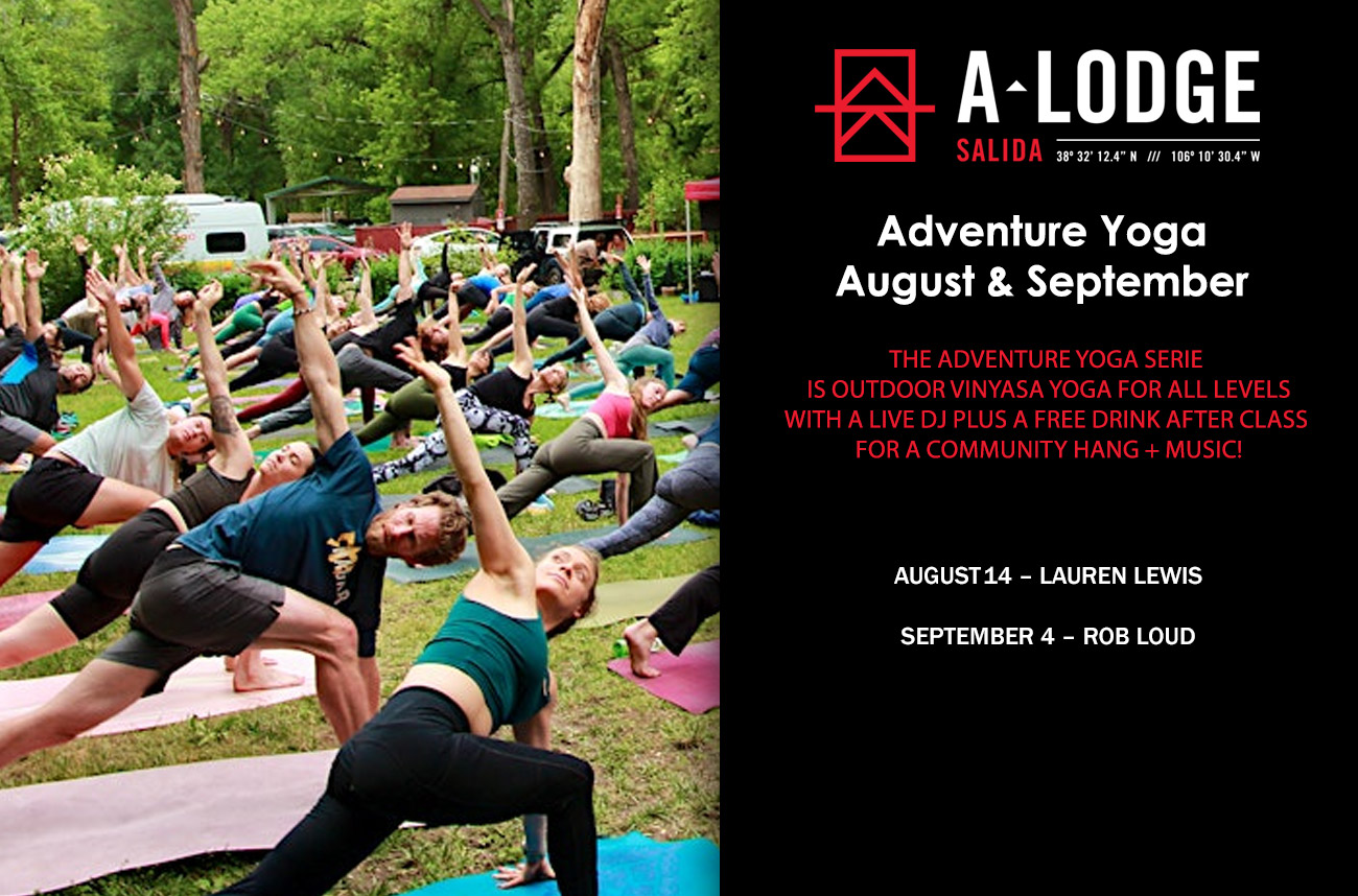 Flyer for the August and September outdoor yoga classes in Boulder at the A-Lodge