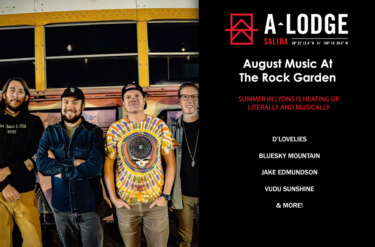 Blog post cover for the August music line up at the Rock Garden on the A-Lodge property in Lyons, CO