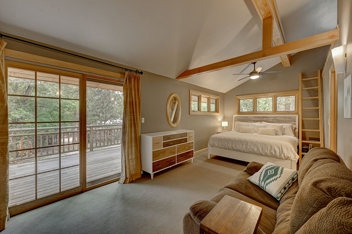 Master bedroom in the A-Chalet house for rent on the grounds of the A-Lodge Boulder hotel