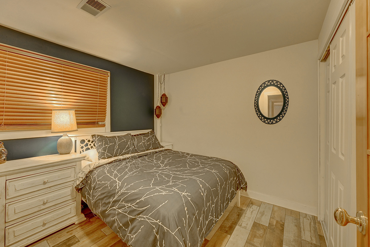 Queen bedroom in the A-Chalet on the grounds of the A-Lodge hotel near Boulder