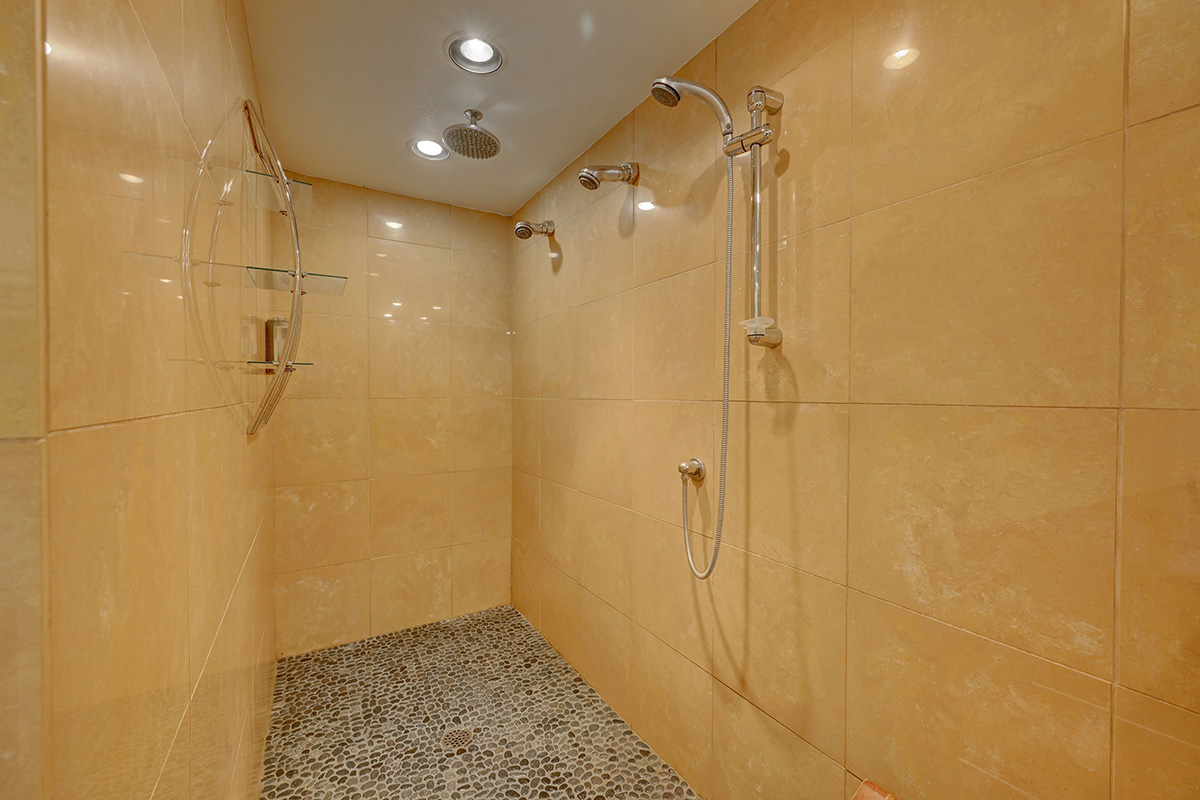 Walk in shower in master bath in the A-Chalet home for rent outside Boulder, CO
