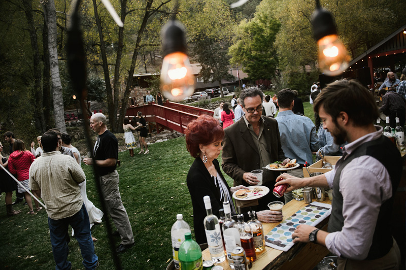 Outdoor wedding bar service and reception at A-Lodge Boulder Colorado destination wedding venue
