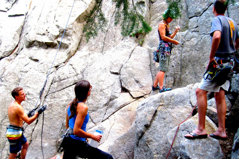 Rock climbing in Boulder Canyon near A-Lodge during an adventure destination wedding weekend in Colorado