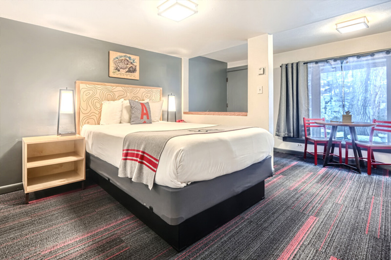 Guest hotel room at A-Lodge Boulder Colorado for destination wedding weekend accommodations