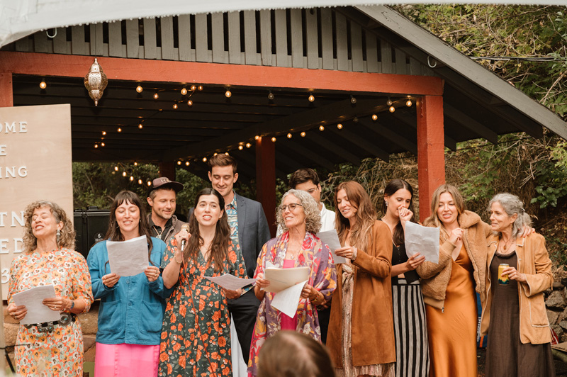 Wedding celebration at pavilion gathering space at A-Lodge Boulder Colorado destination wedding venue