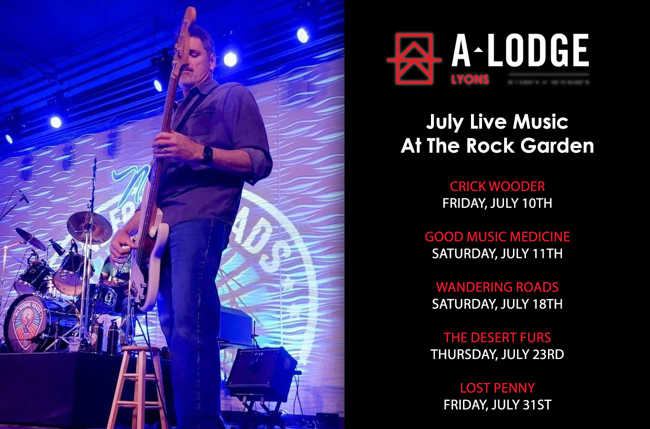 Lead image for the July live music series at the A-Lodge live music venue on the front range of Colorado