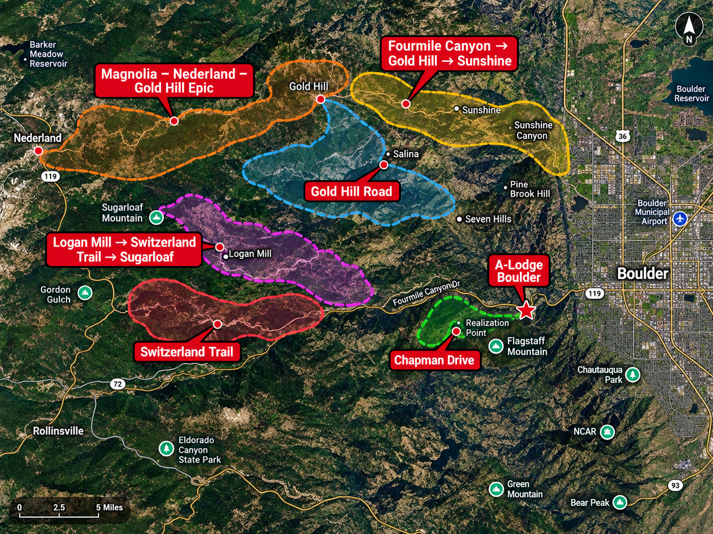gravel-rides-near-a-lodge map of gravel bike rides that can be ridden from the A-Lodge hotel in Boulder, co